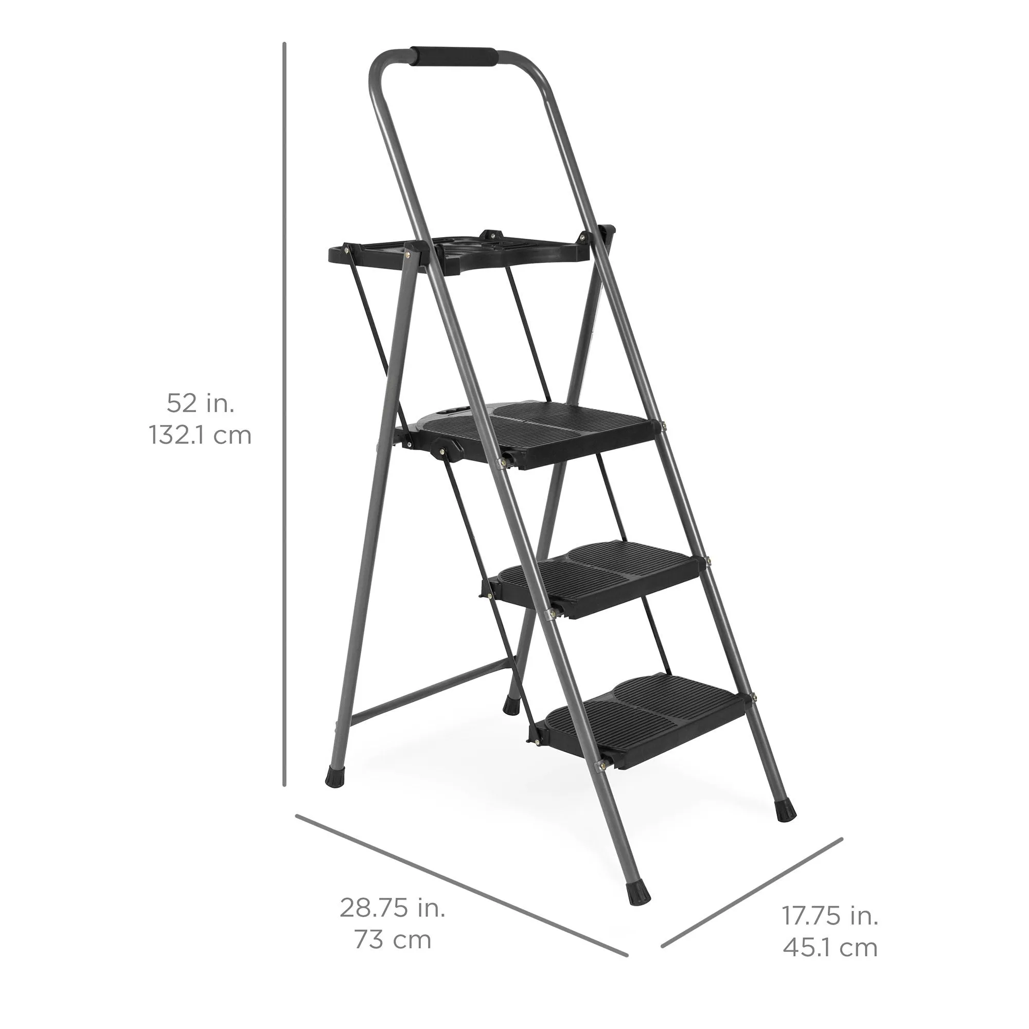 Folding Steel 3-Step Ladder w/ Hand Grip, Wide Steps, 330lbs Capacity