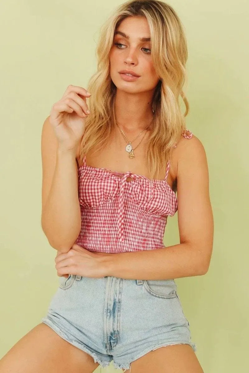 Gingham Shoulder Tying Shirred Crop Top