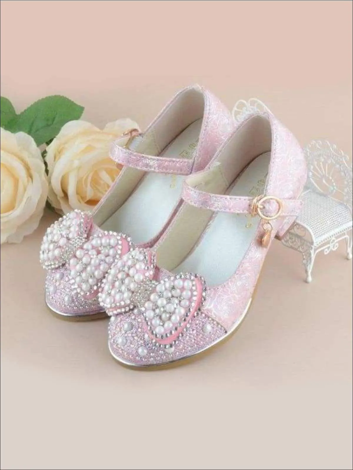 Girls Pearl Embellished Bow Tie Flats with Mini Heel By Liv and Mia