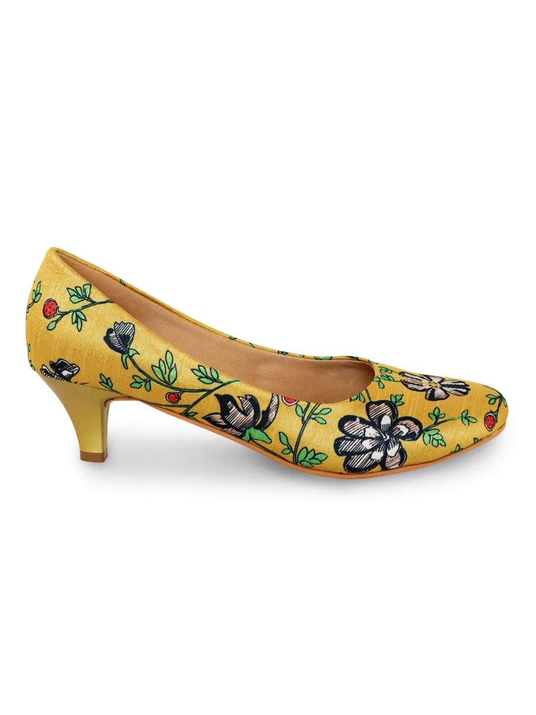 Golden Yellow Printed Kitten Heels