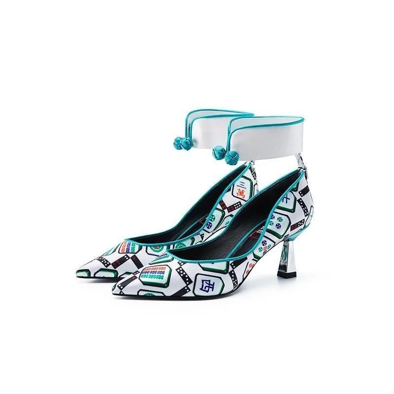 Goldfish mahjong printed kitten heel satin ankle strap high heels pumps - Teidi