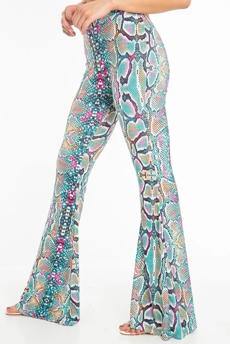 Green Purple Yellow Snake Print Flared Trousers - Mianna