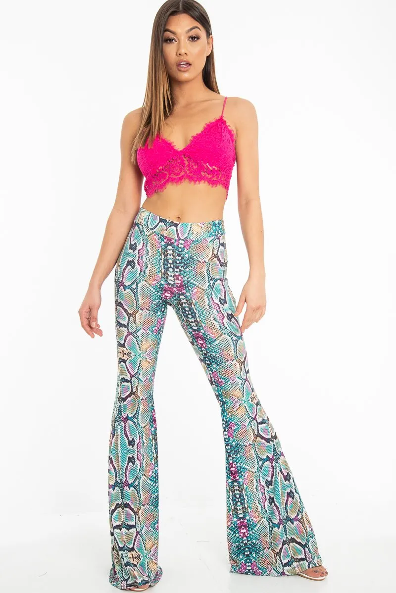 Green Purple Yellow Snake Print Flared Trousers - Mianna