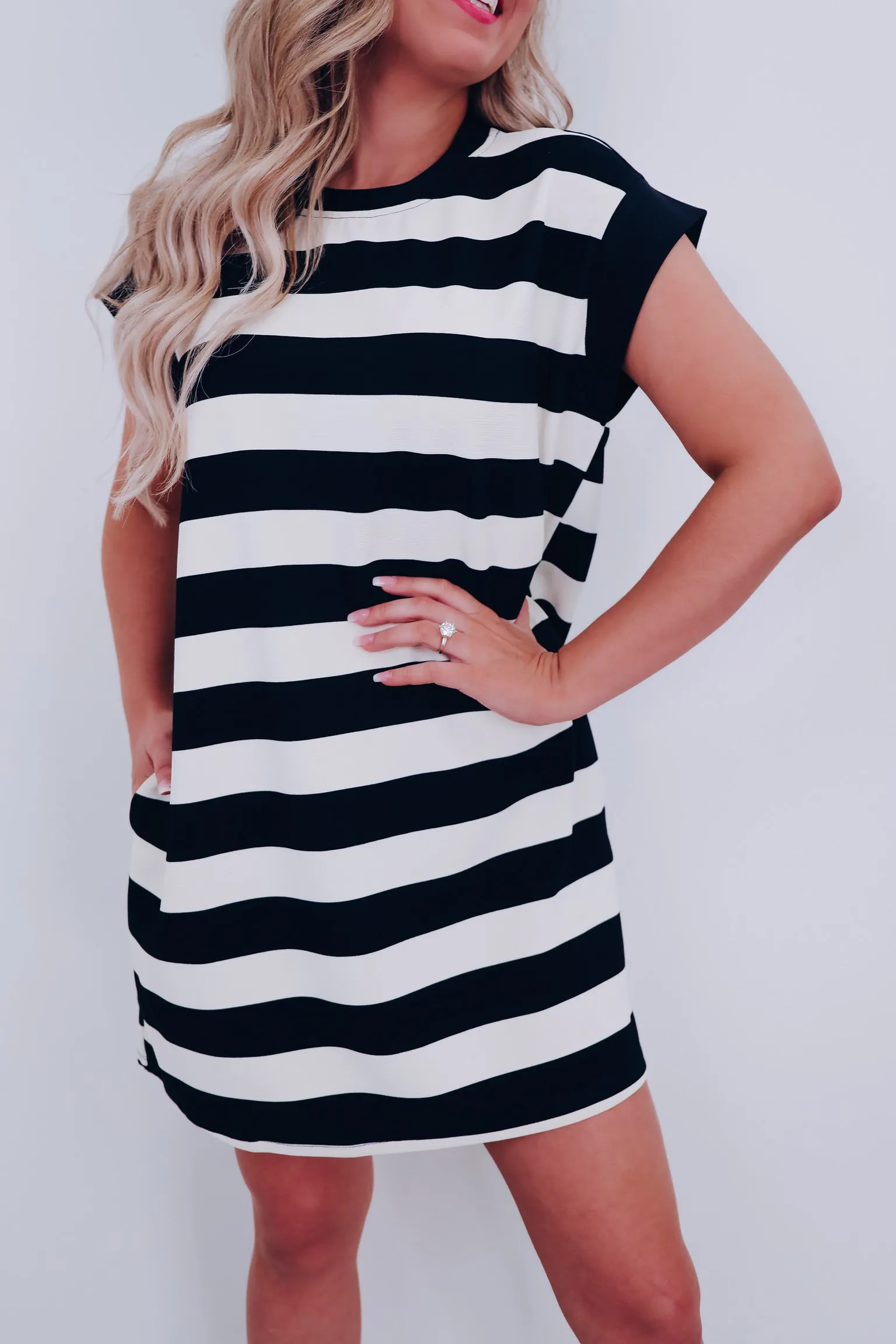 Halo Horizontal Stripe Pocketed Dress - Black