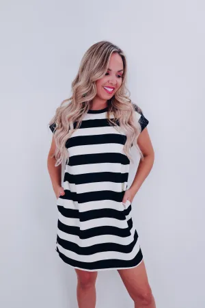 Halo Horizontal Stripe Pocketed Dress - Black