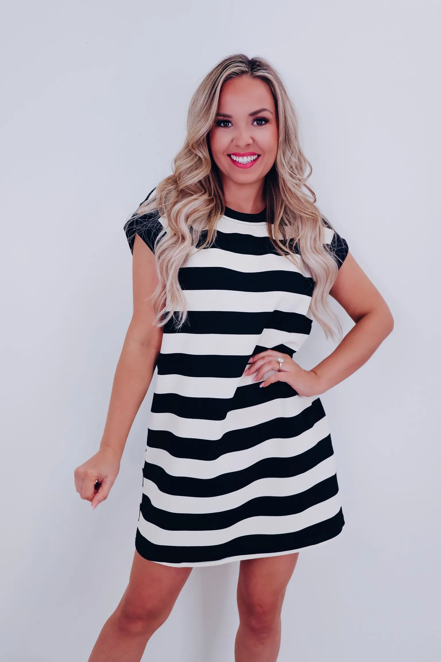 Halo Horizontal Stripe Pocketed Dress - Black