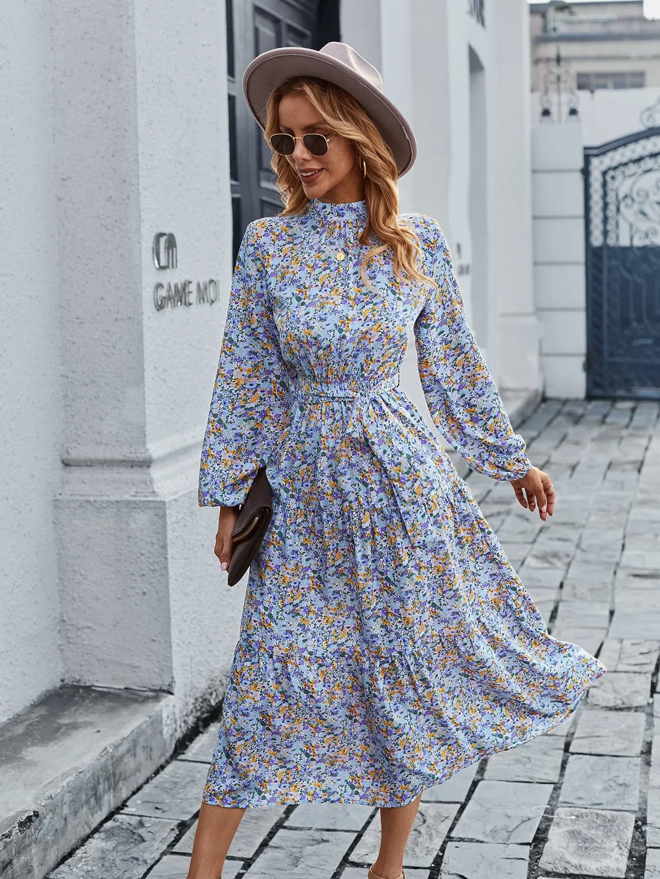 High Neck Floral Vintage Dress