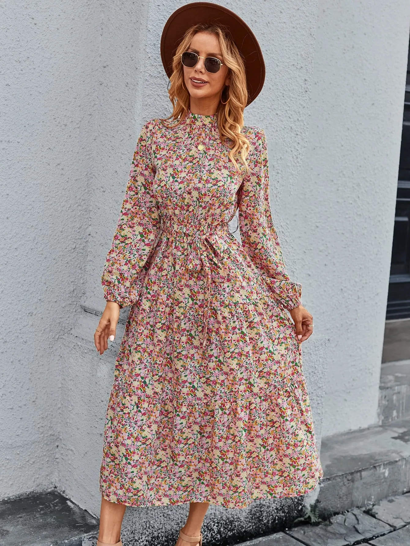 High Neck Floral Vintage Dress