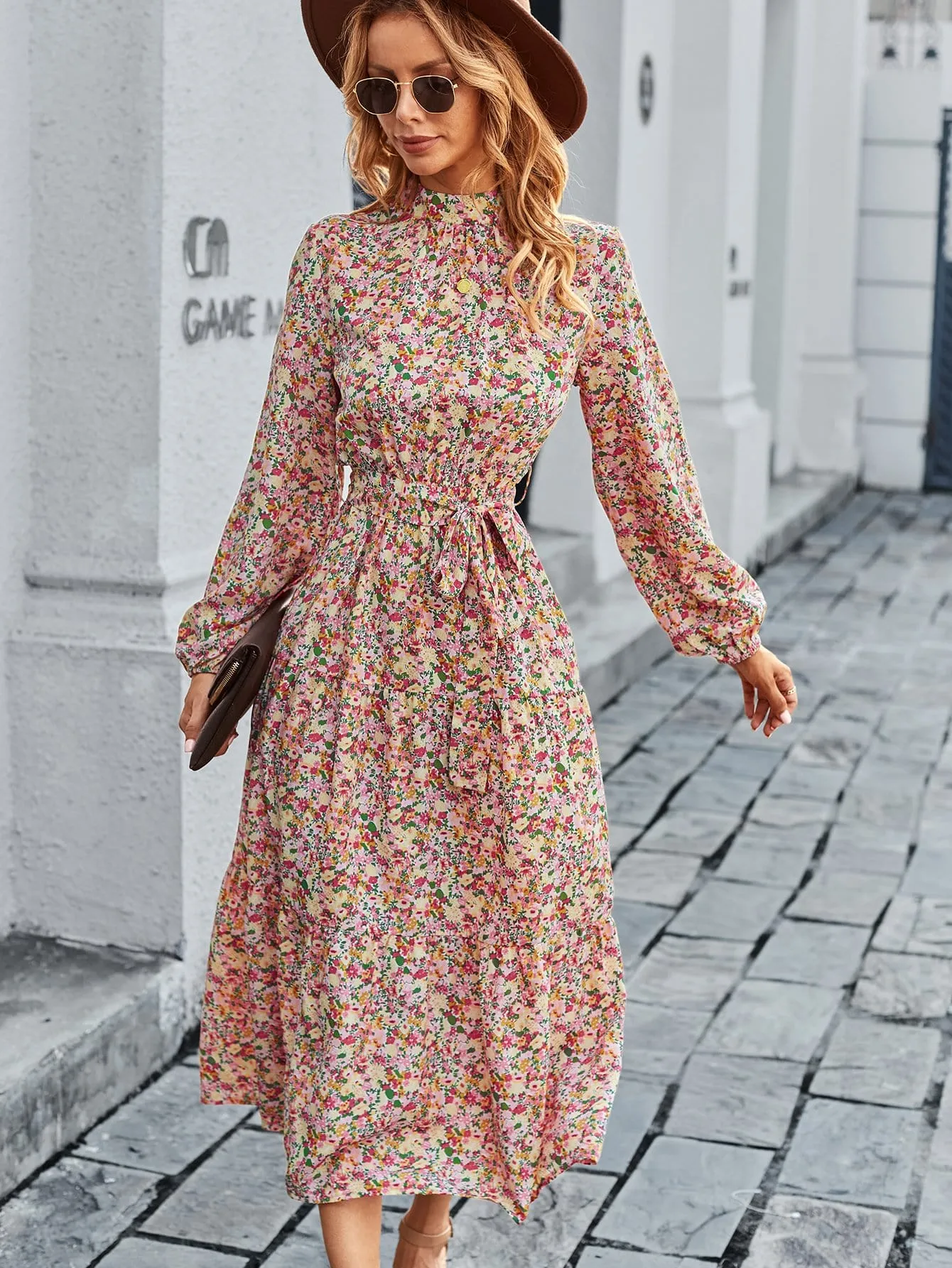 High Neck Floral Vintage Dress