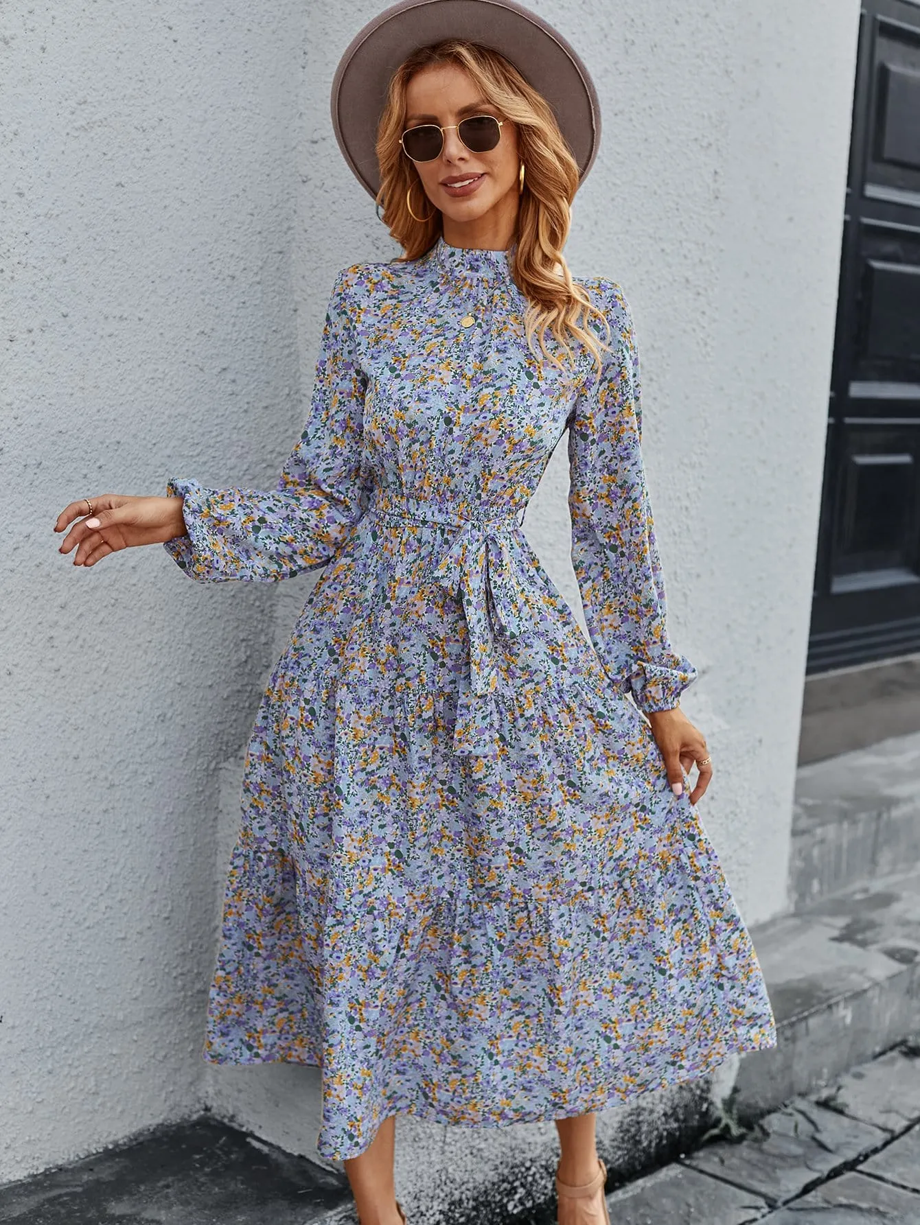 High Neck Floral Vintage Dress