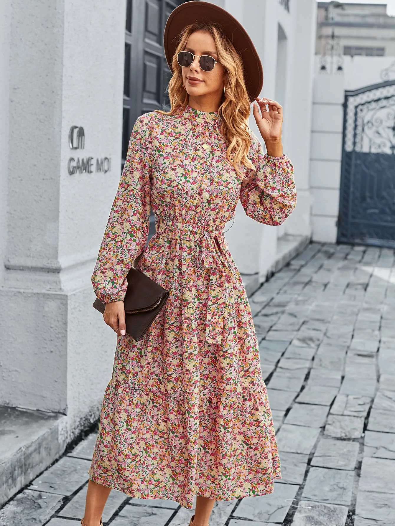 High Neck Floral Vintage Dress