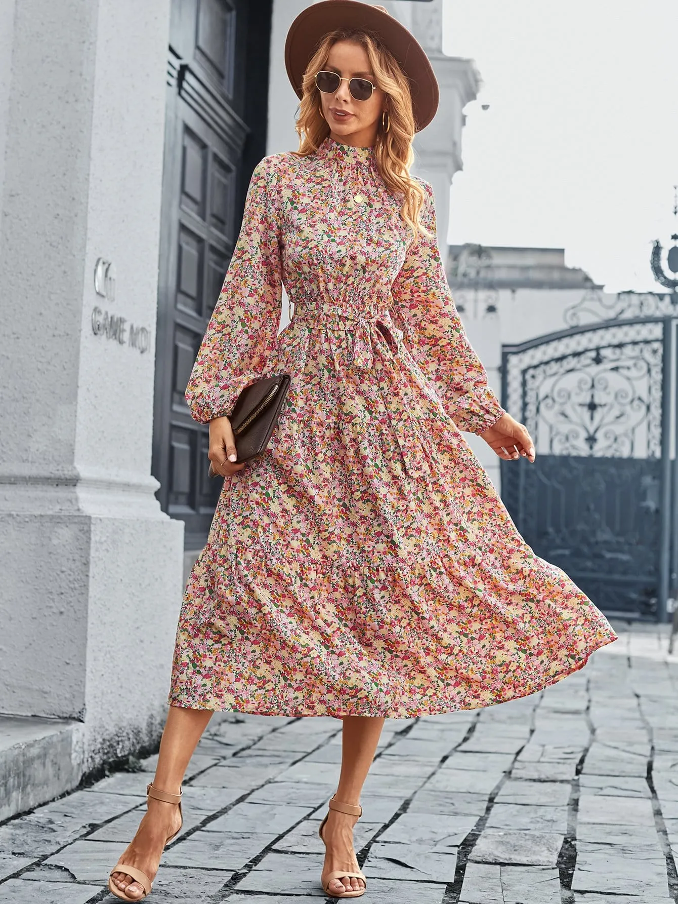 High Neck Floral Vintage Dress