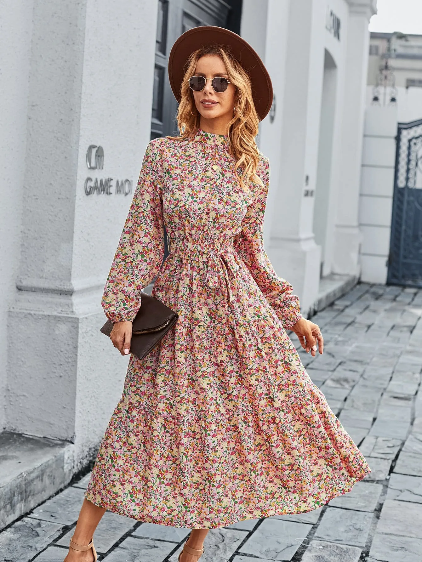 High Neck Floral Vintage Dress