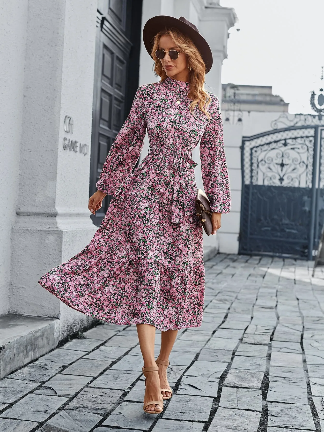 High Neck Floral Vintage Dress