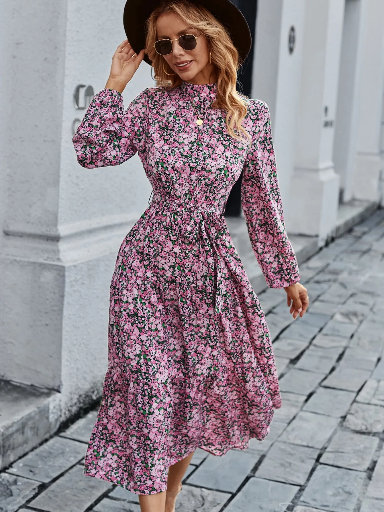 High Neck Floral Vintage Dress