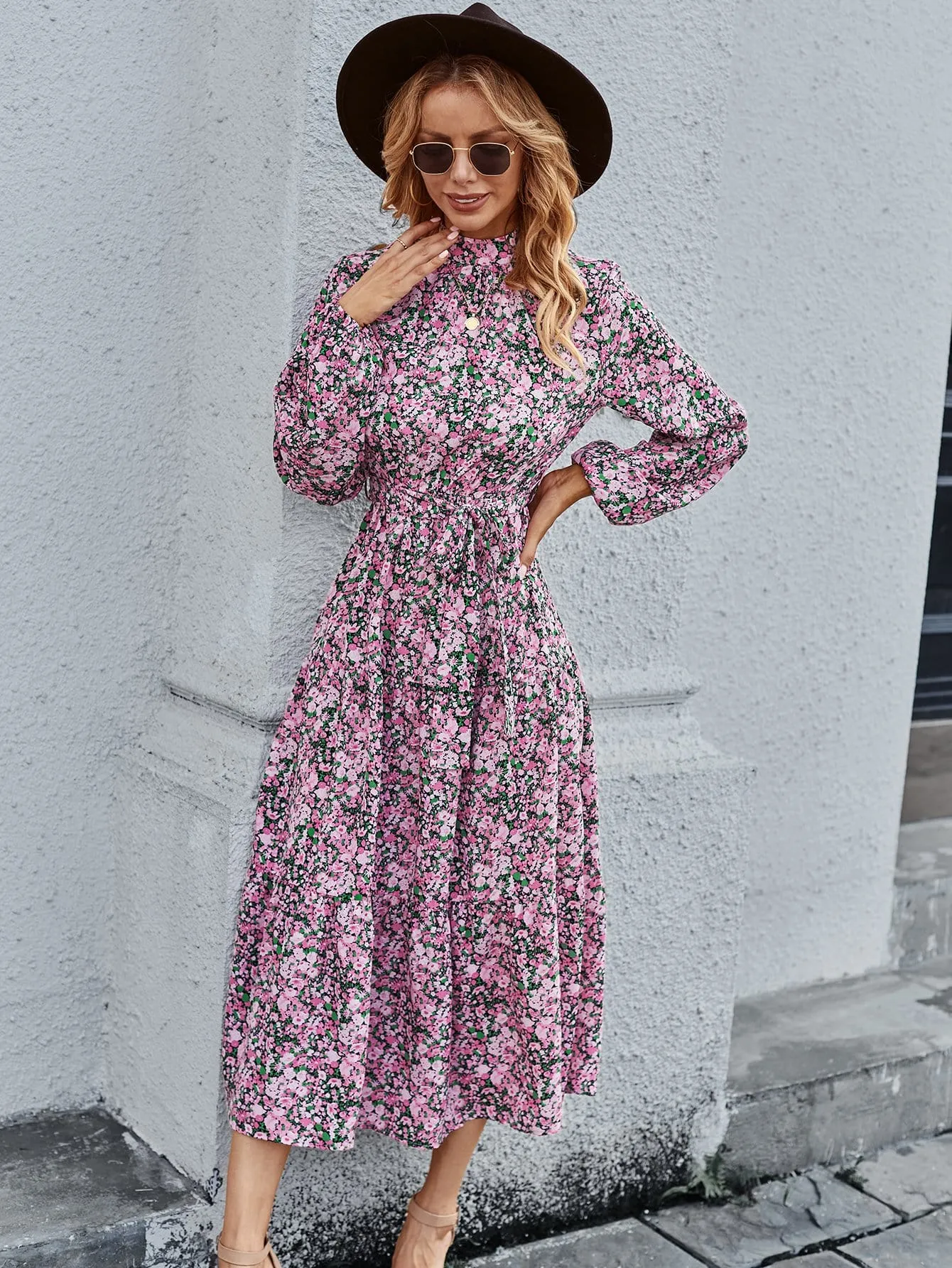 High Neck Floral Vintage Dress