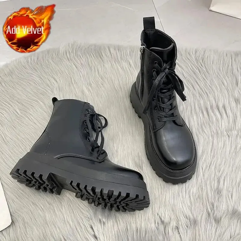 Hnzxzm Footwear with Laces Women's Ankle Boots Combat Biker Short Shoes for Woman Lace-up Booties Platform Punk Style Chunky Boot Pu 39