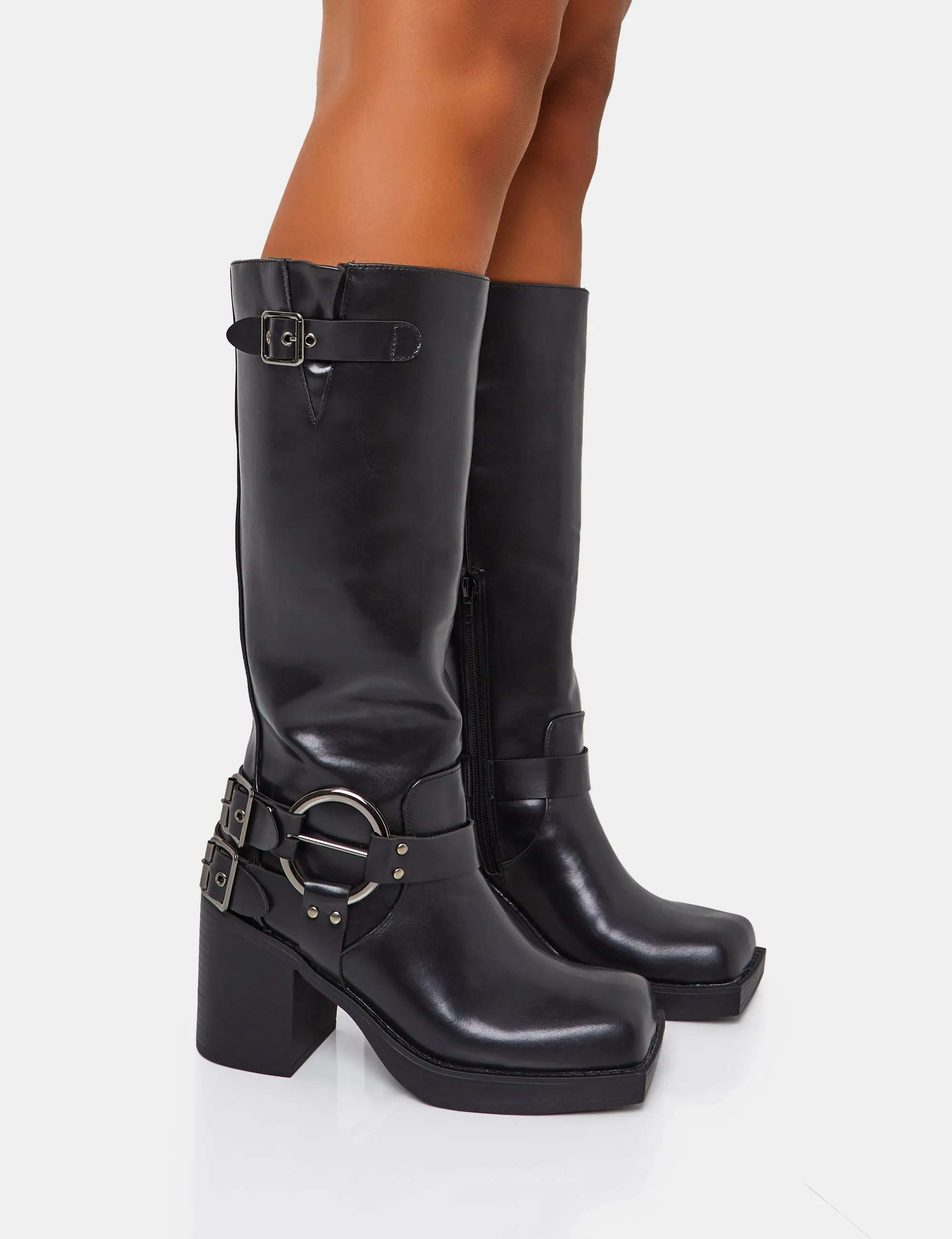 Jen Biker Black Buckle Silver Detail Block Heel Knee High Boots