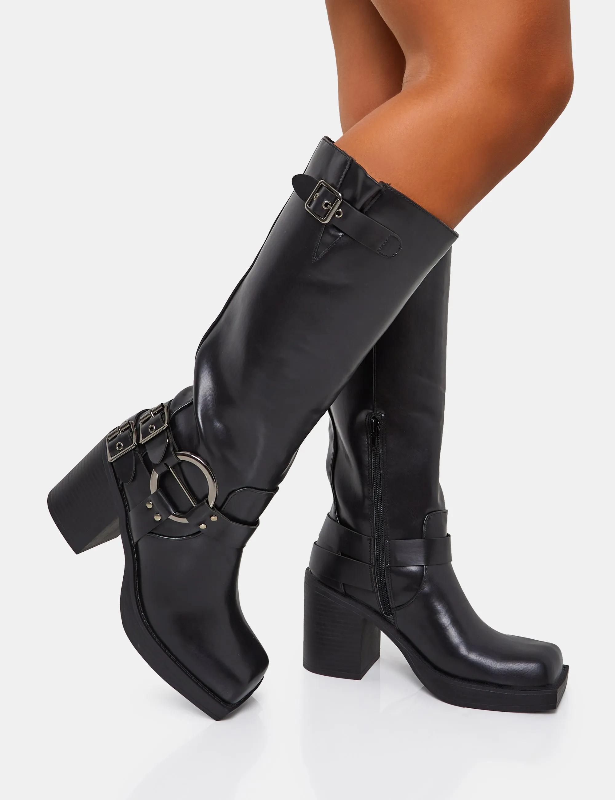 Jen Biker Black Buckle Silver Detail Block Heel Knee High Boots