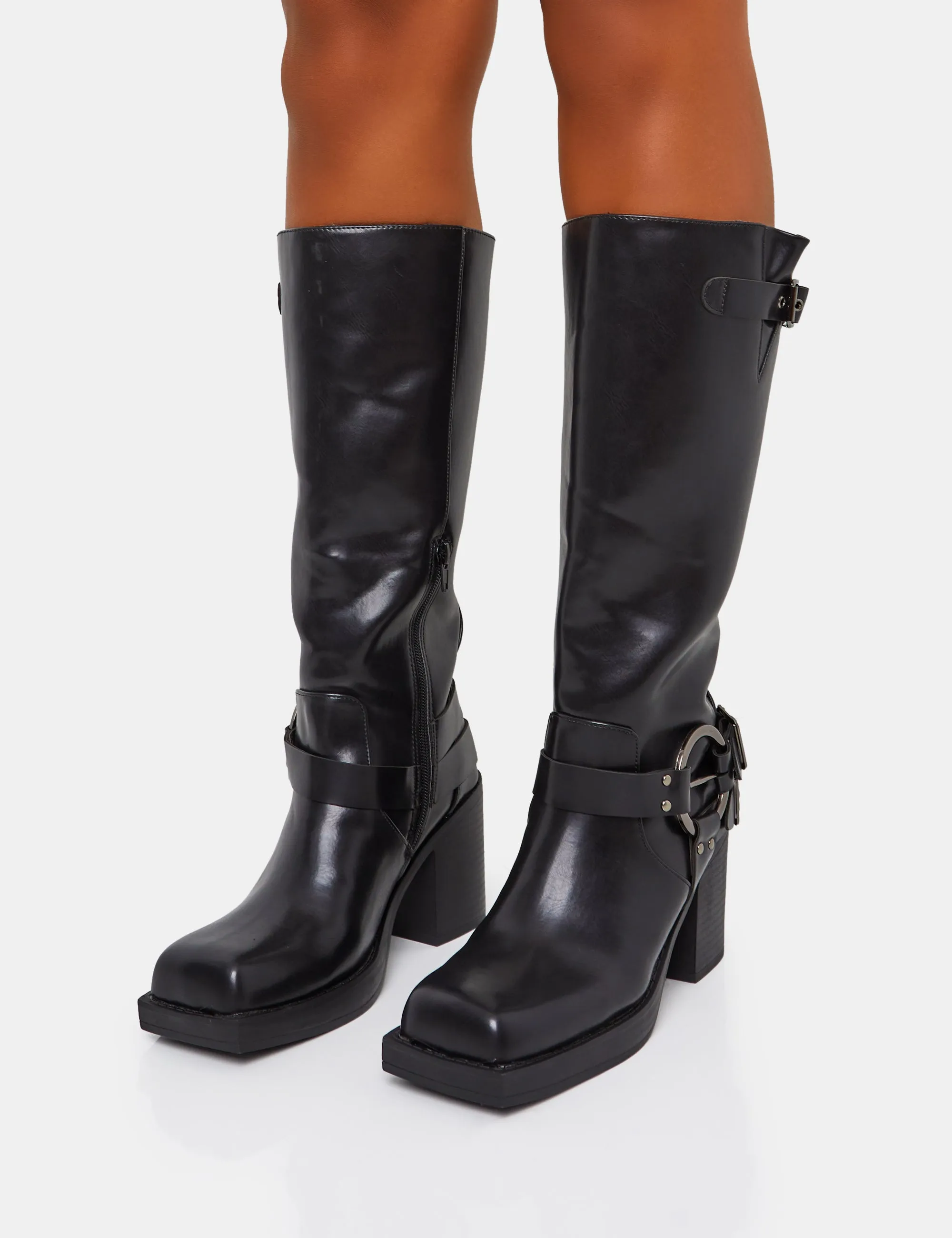 Jen Biker Black Buckle Silver Detail Block Heel Knee High Boots