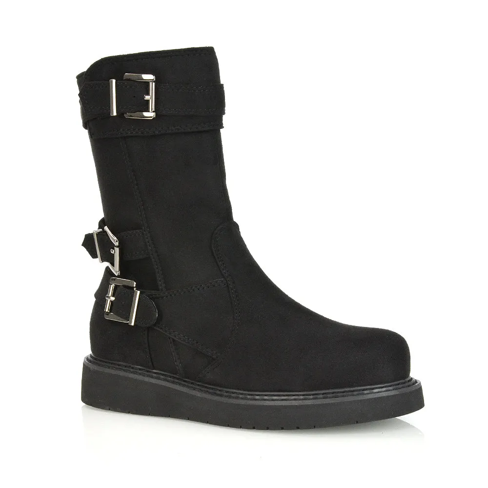 Kady Buckle Detail Flat Low Platform Zip up Biker Ankle Boots in Black Faux Suede