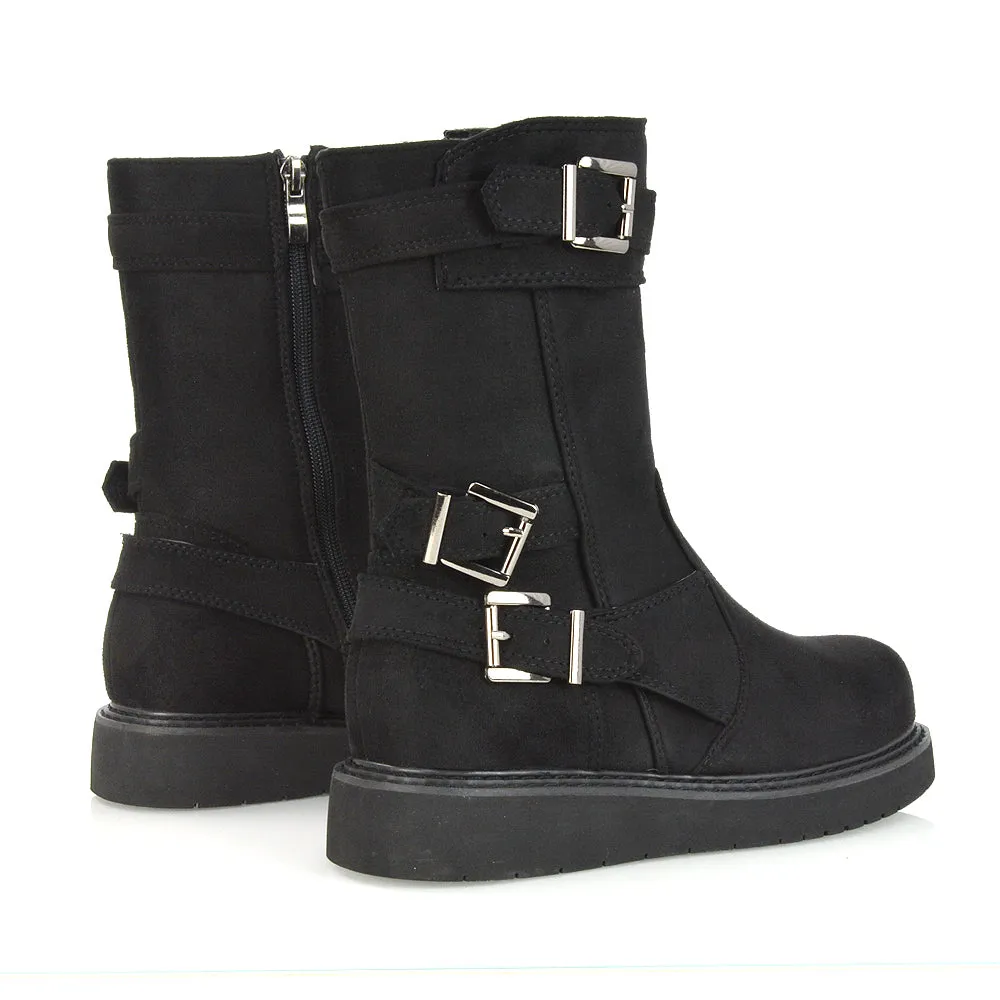 Kady Buckle Detail Flat Low Platform Zip up Biker Ankle Boots in Black Faux Suede