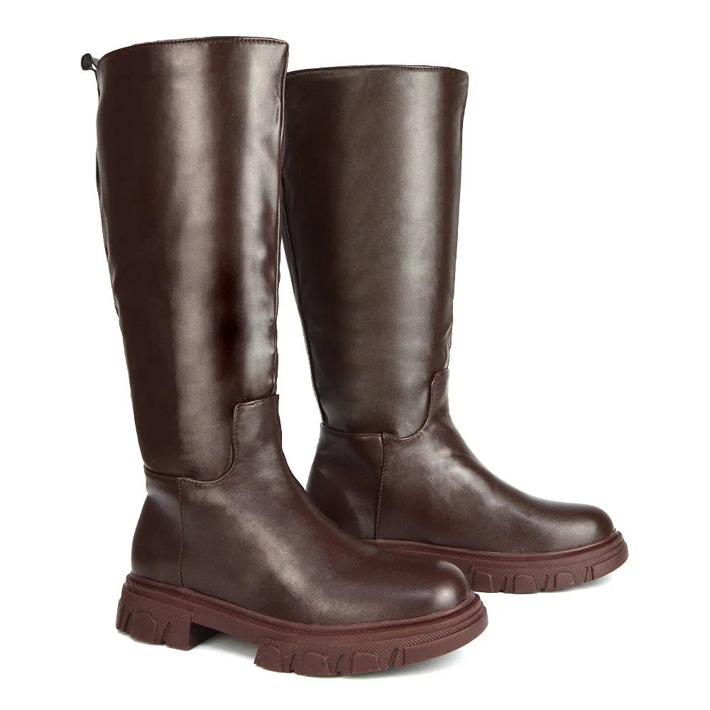 Lainey Chunky Sole Calf High Knee High Biker Boots in Brown Synthetic Leather