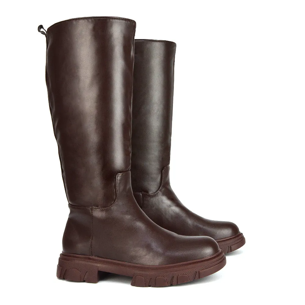 Lainey Chunky Sole Calf High Knee High Biker Boots in Brown Synthetic Leather