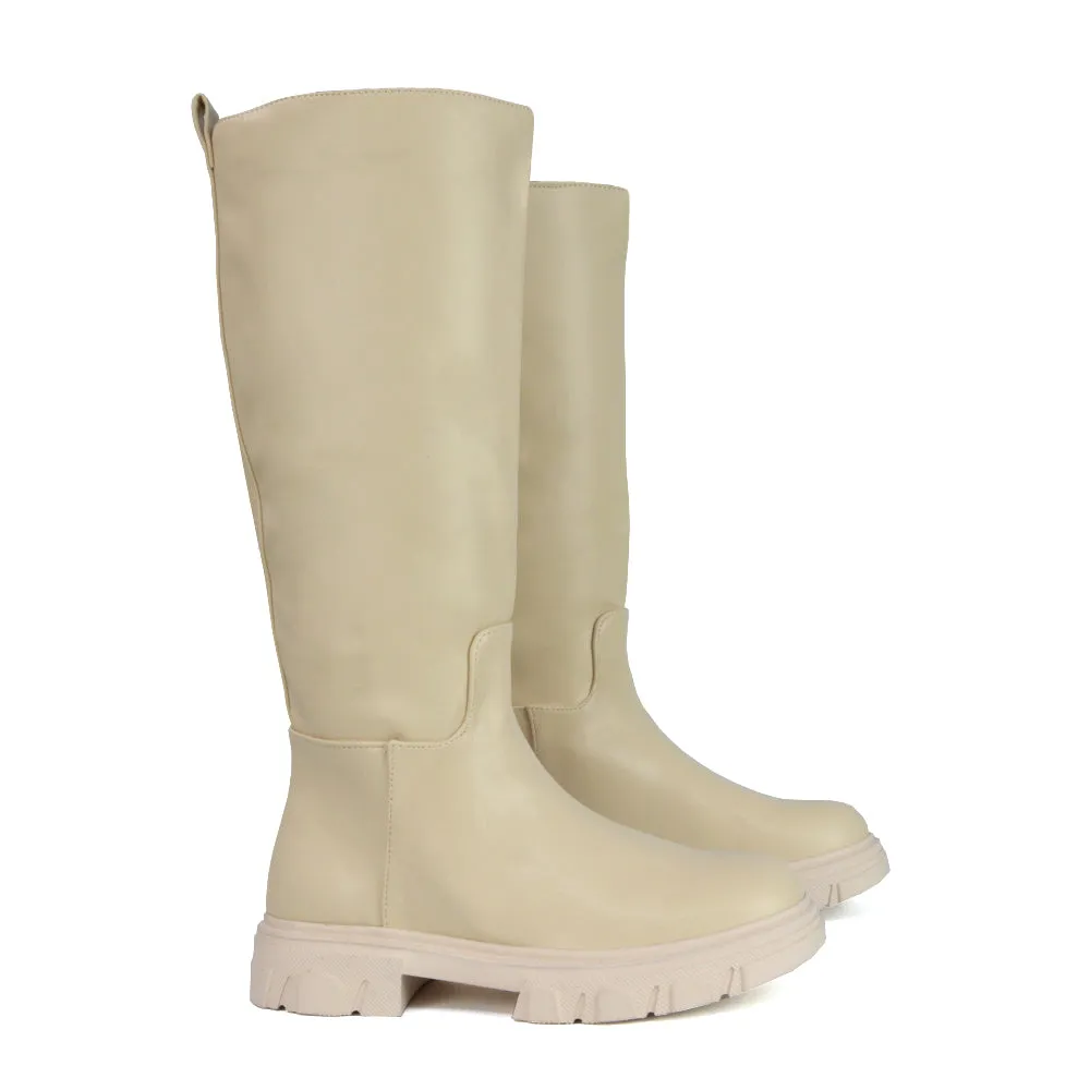 Lainey Chunky Sole Calf High Knee High Biker Boots in Nude Synthetic Leather