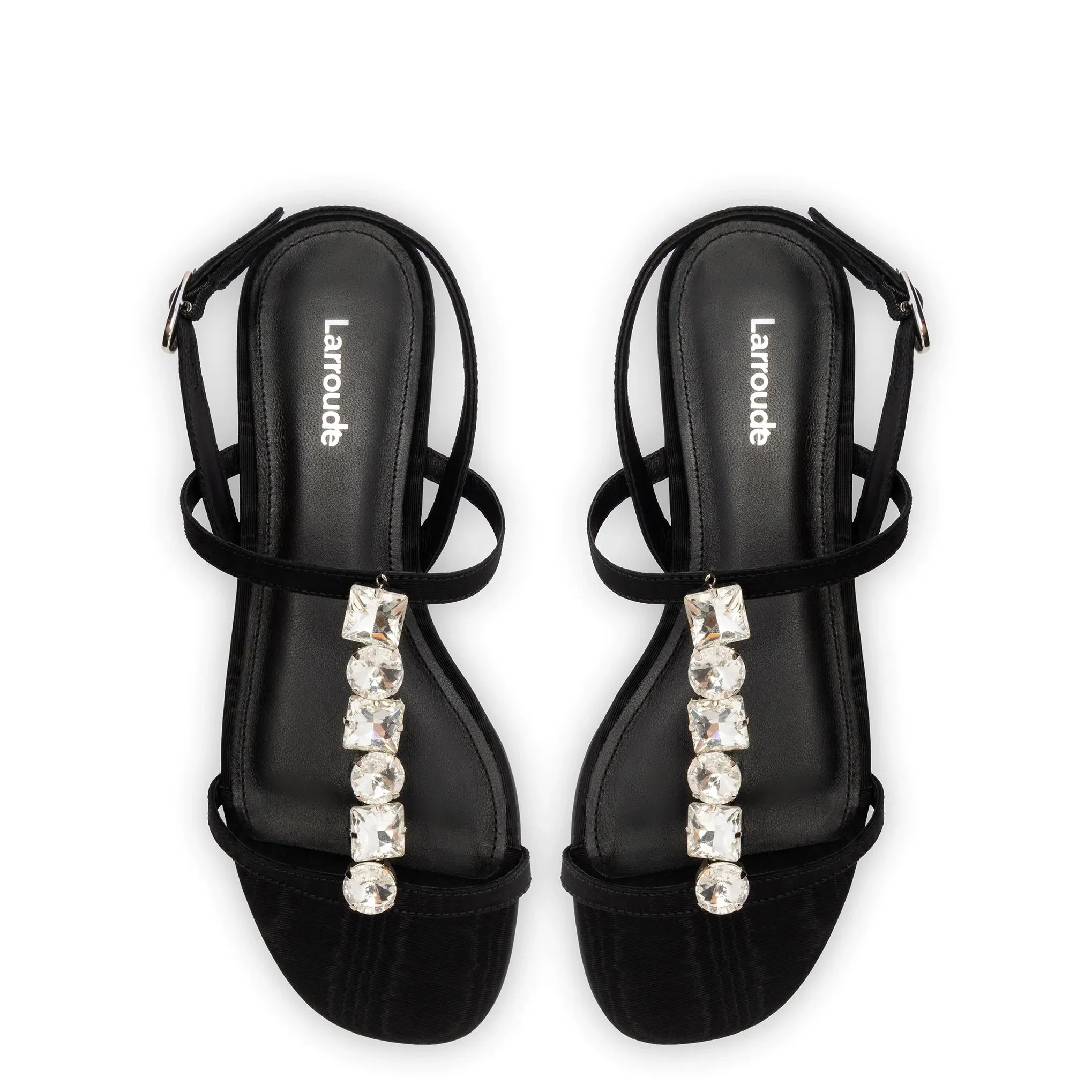 Larroude Calypso Flat Sandal In Black Fabric and Crystals