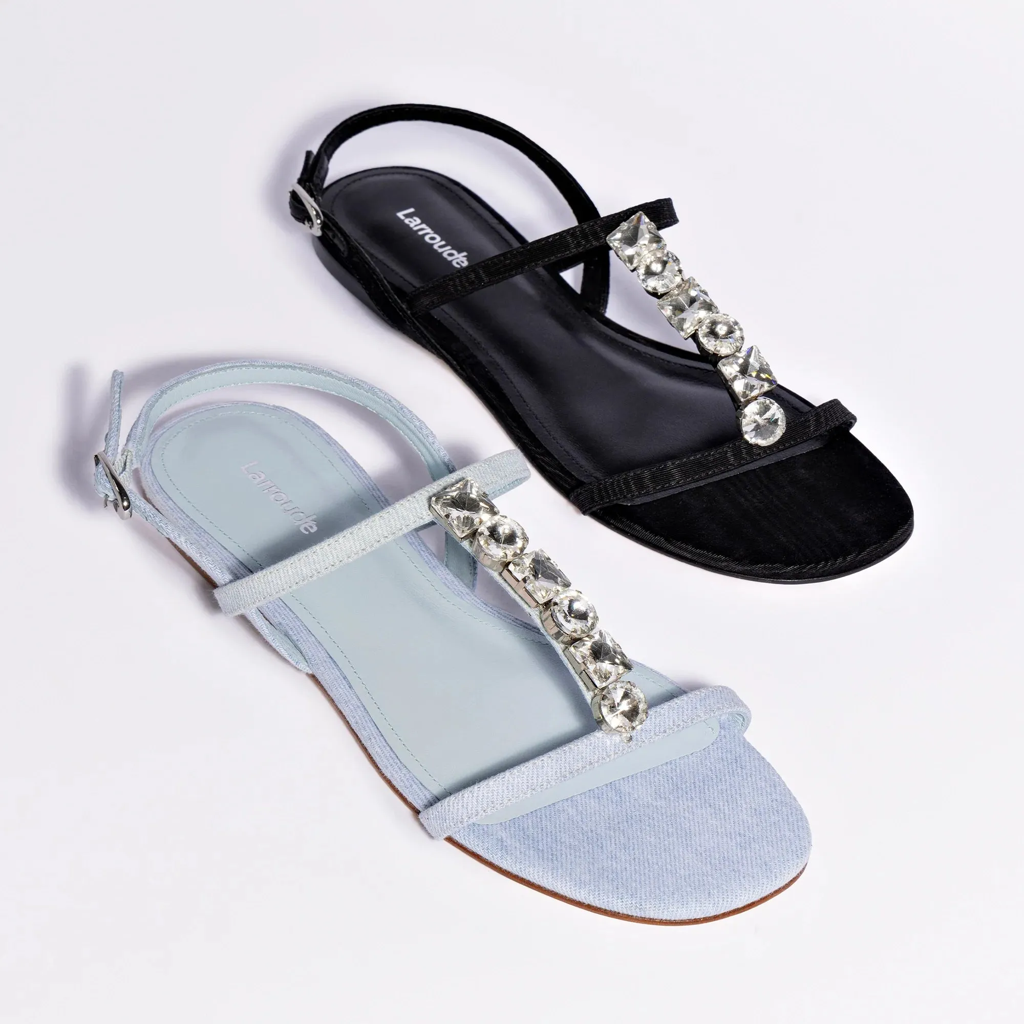 Larroude Calypso Flat Sandal In Black Fabric and Crystals