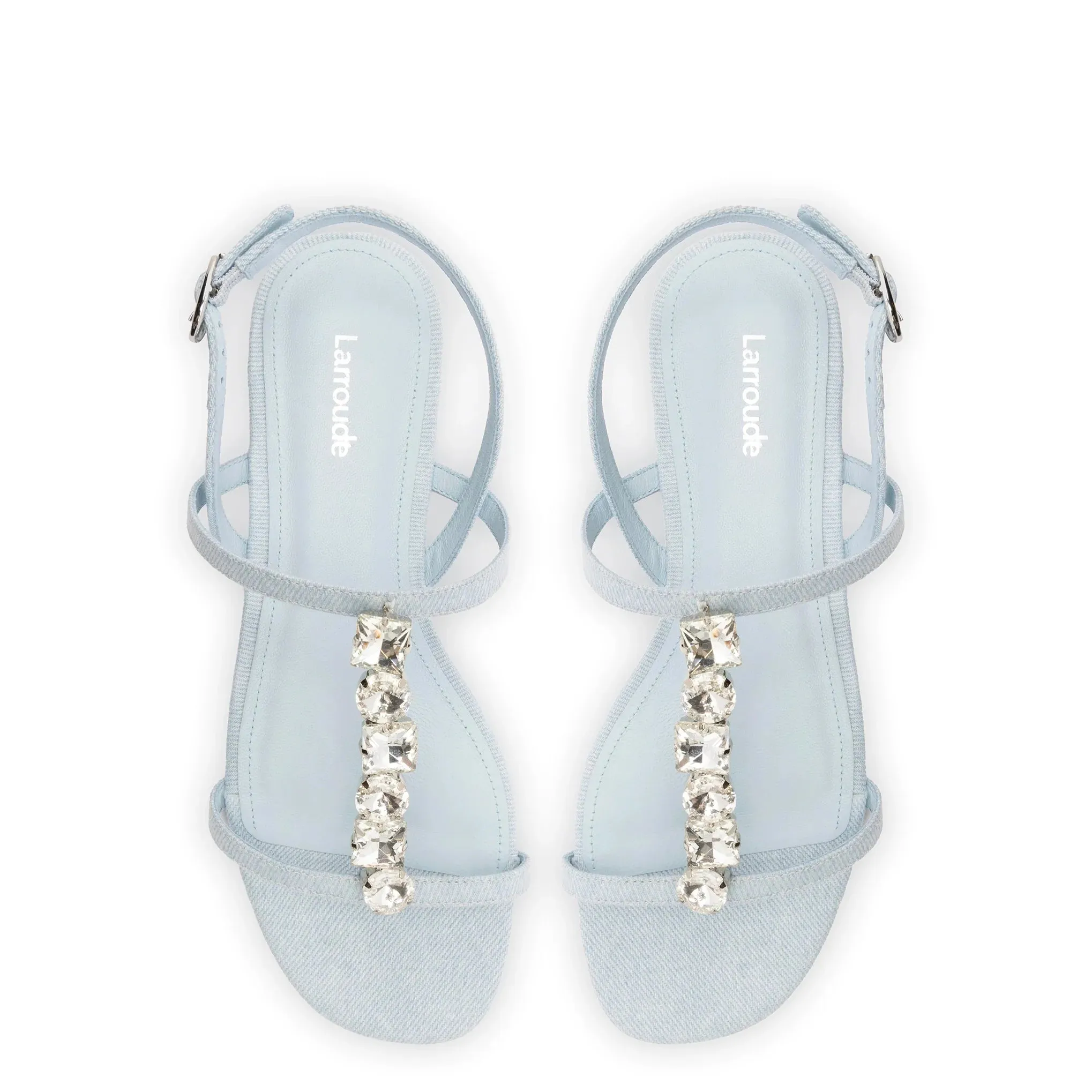 Larroude Calypso Flat Sandal In Maya Denim and Crystals