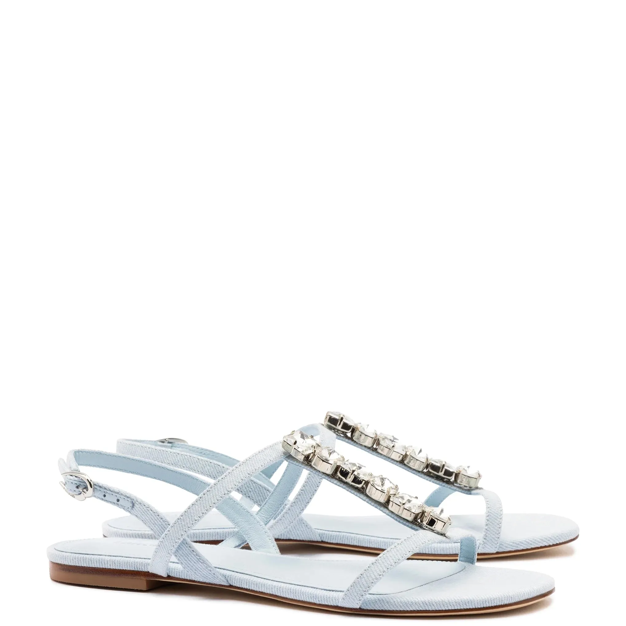 Larroude Calypso Flat Sandal In Maya Denim and Crystals