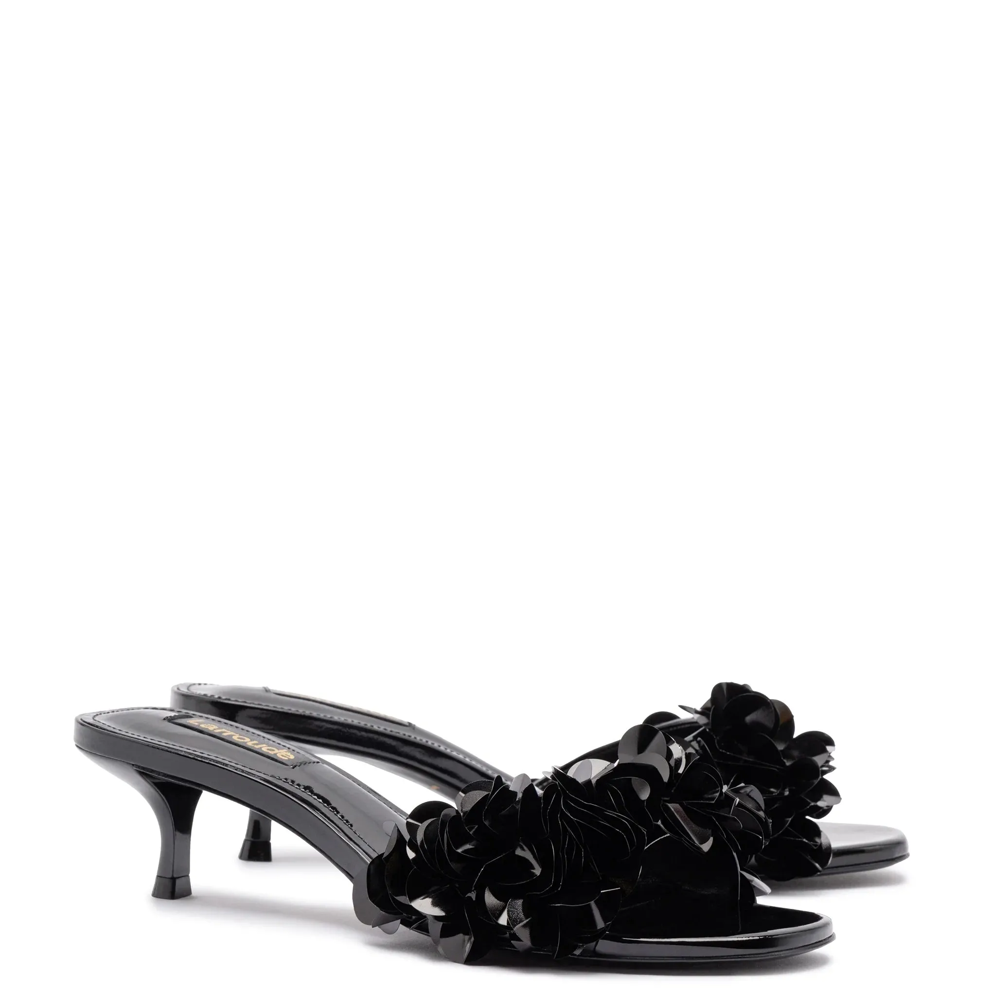 Larroude Greta Disco Mule In Black Patent Leather