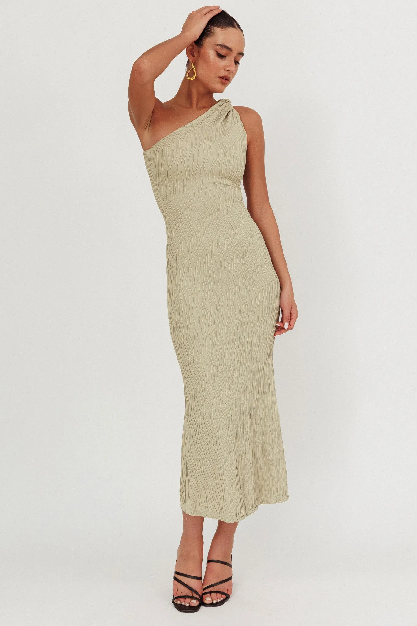 Lingering Love One-Shoulder Twist Midi Dress Sage