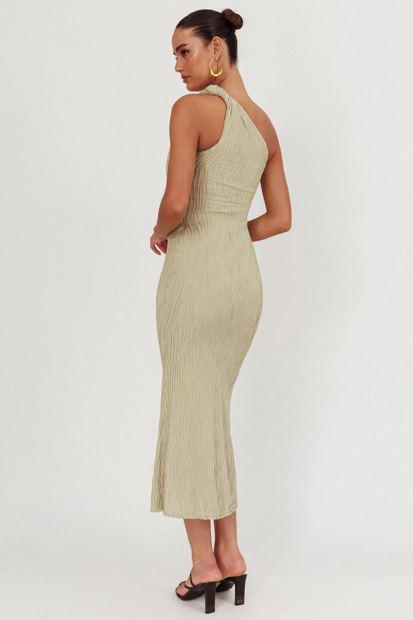 Lingering Love One-Shoulder Twist Midi Dress Sage