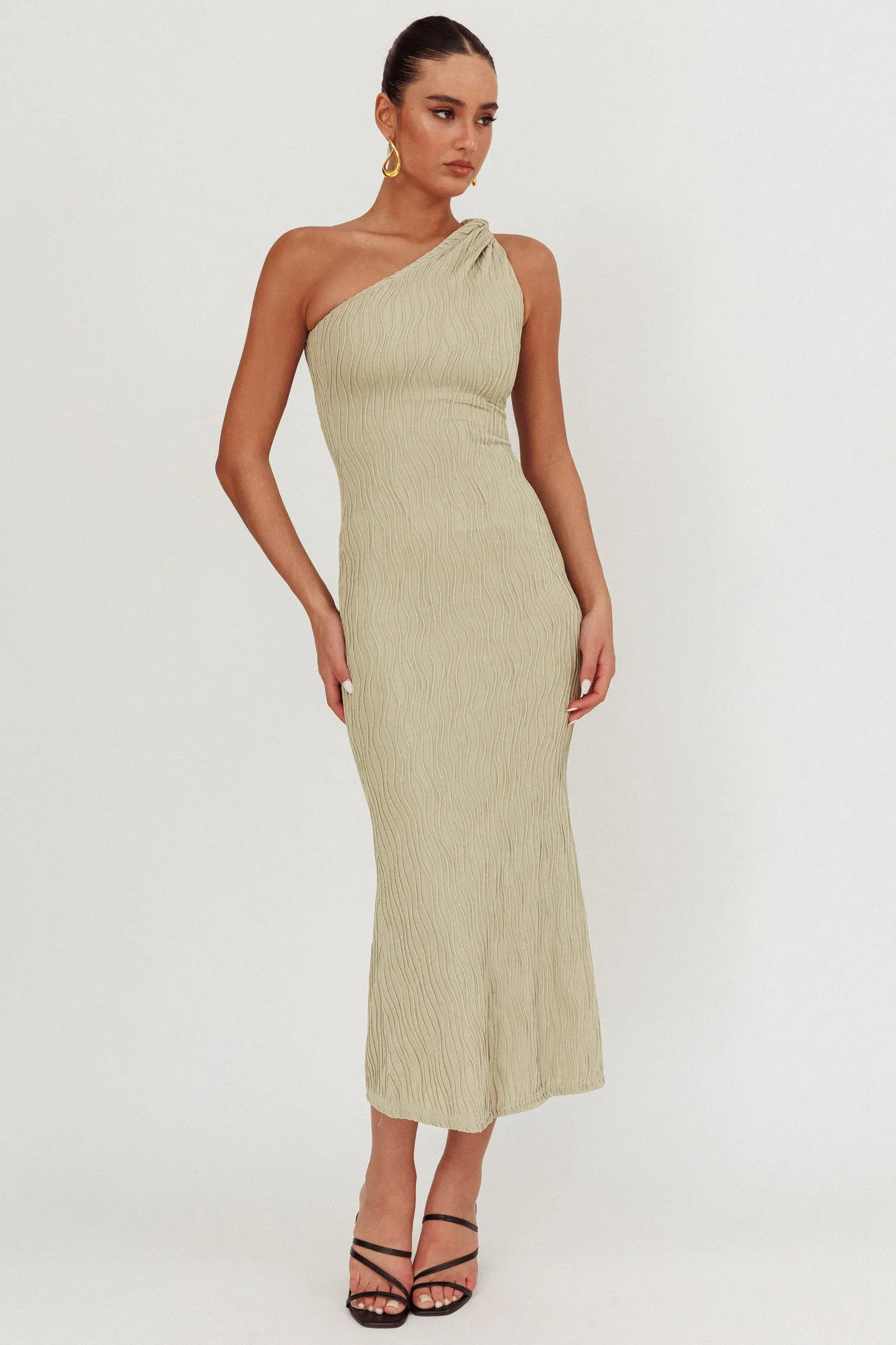 Lingering Love One-Shoulder Twist Midi Dress Sage