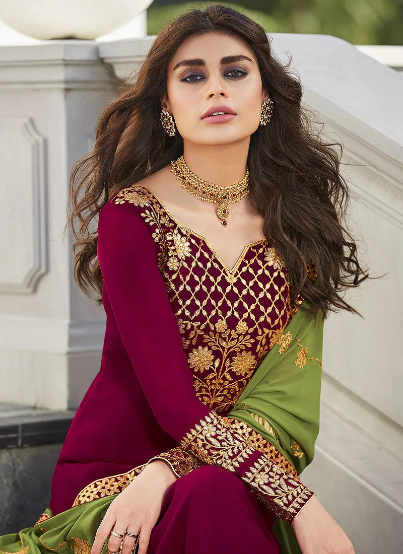 Maroon And Green Embroidered Palazzo Suit