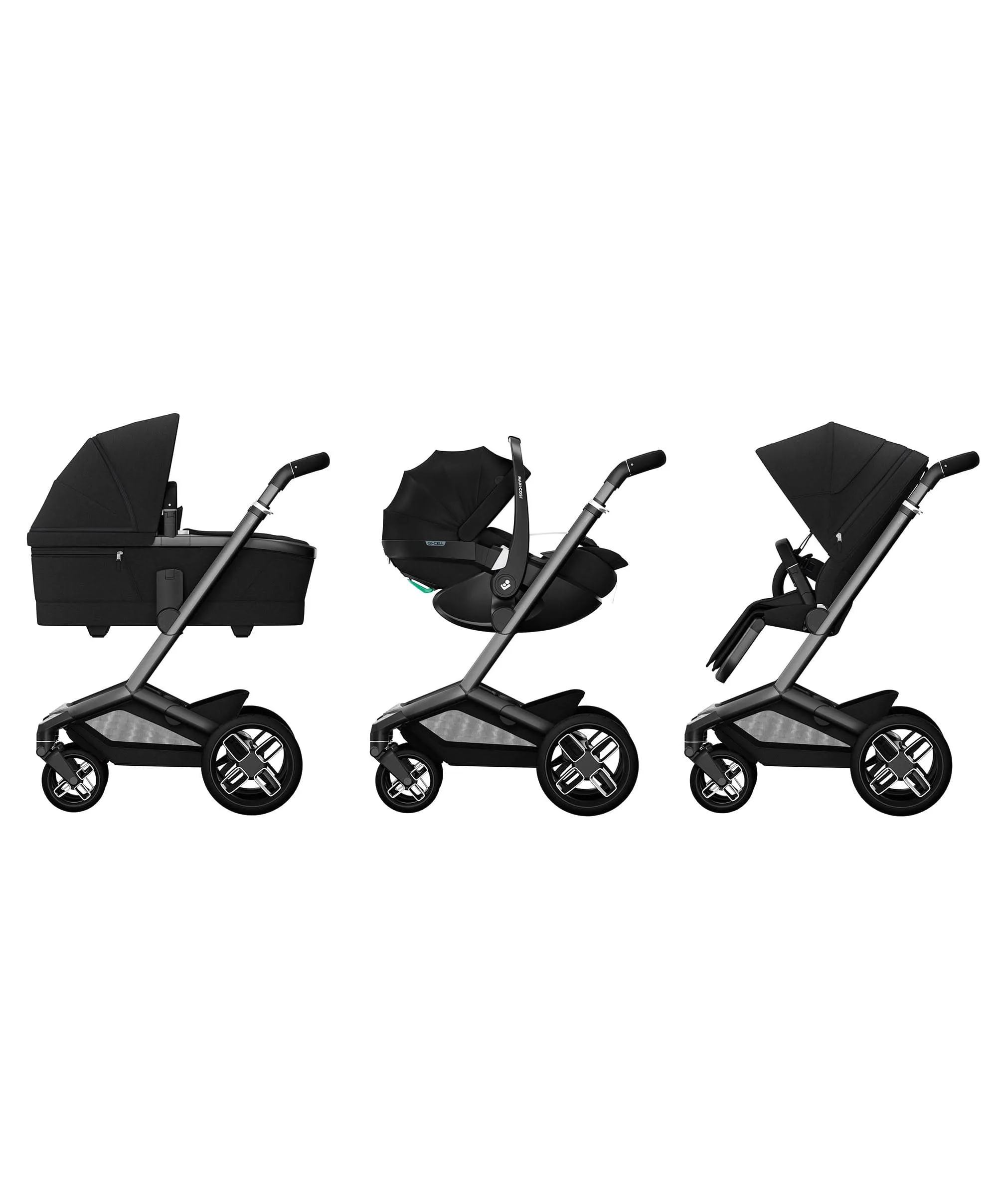 Maxi Cosi Fame Complete Pushchair Bundle with Pebble 360 Car Seat & Base – Black with Black Wheels