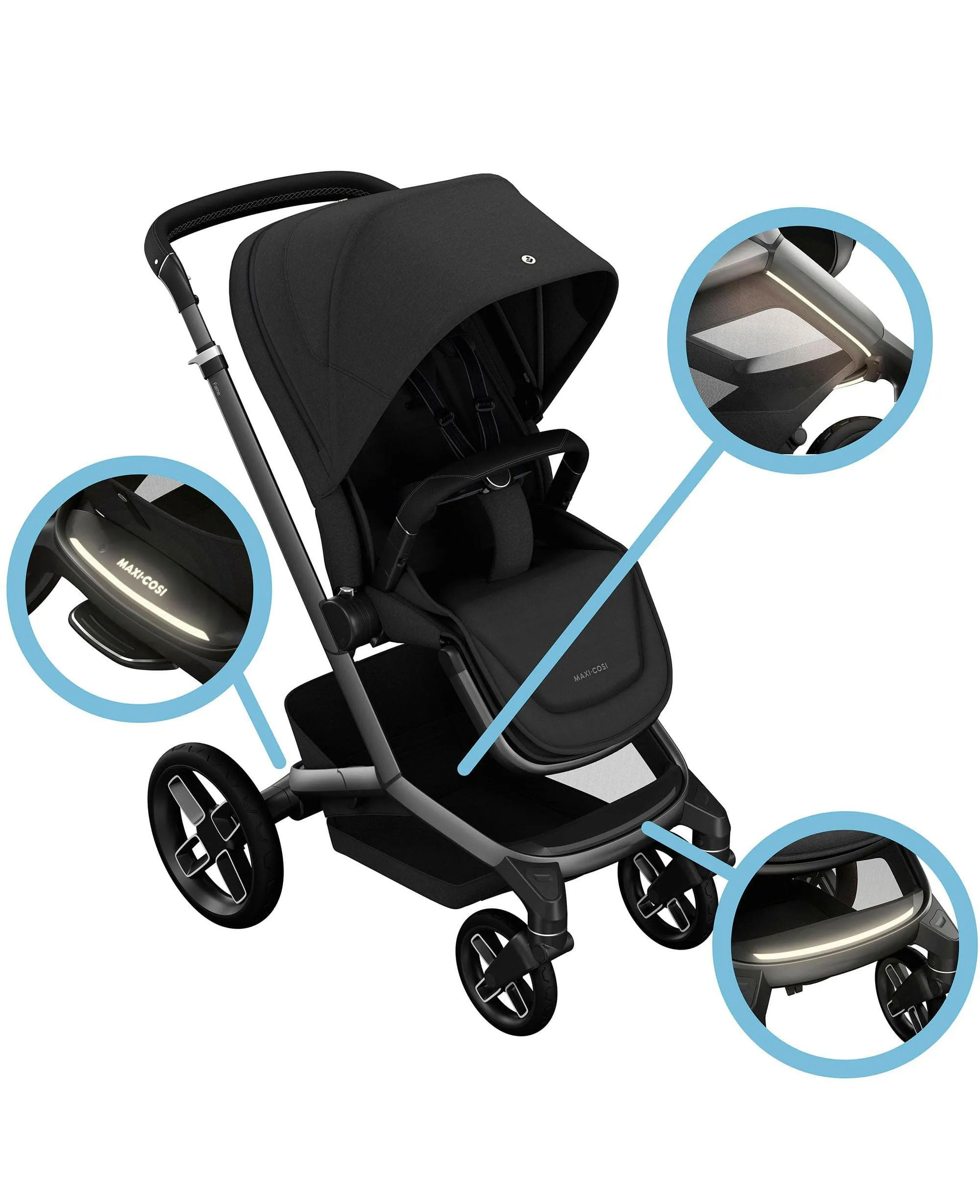 Maxi-Cosi Fame Pushchair and Carrycot- Twillic Black With Black Wheels