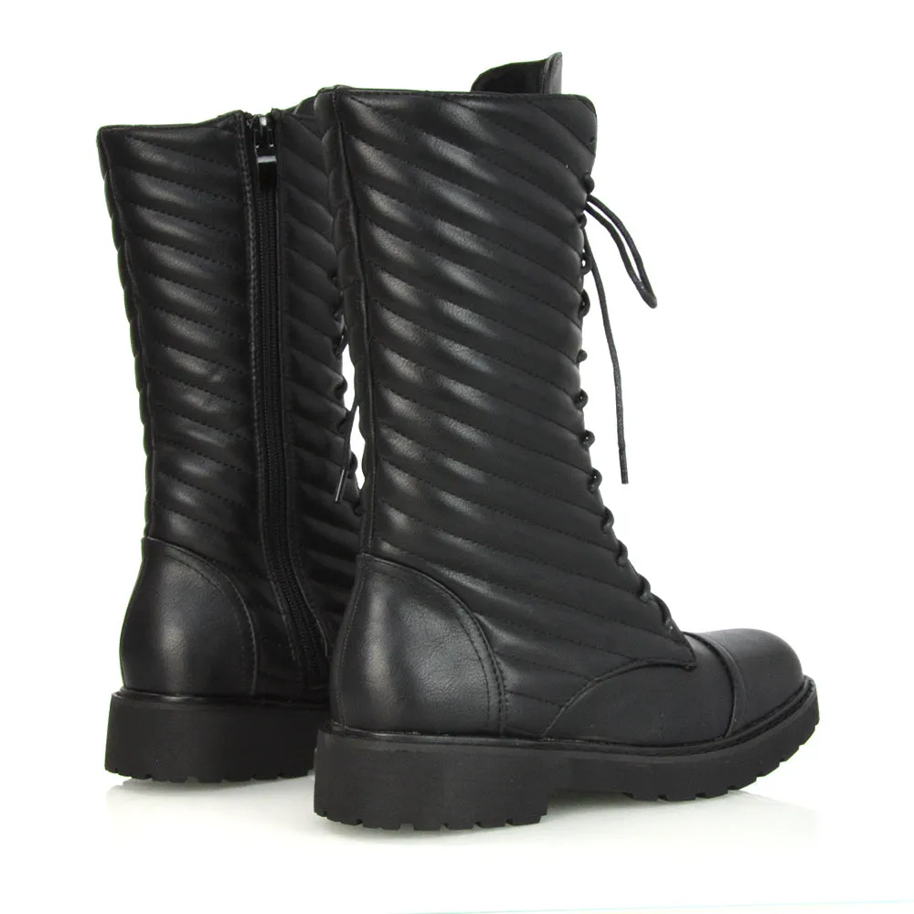 Meadow Padded Detail Zip-up Flat Biker Lace up Ankle Combat Boots in Black Patent