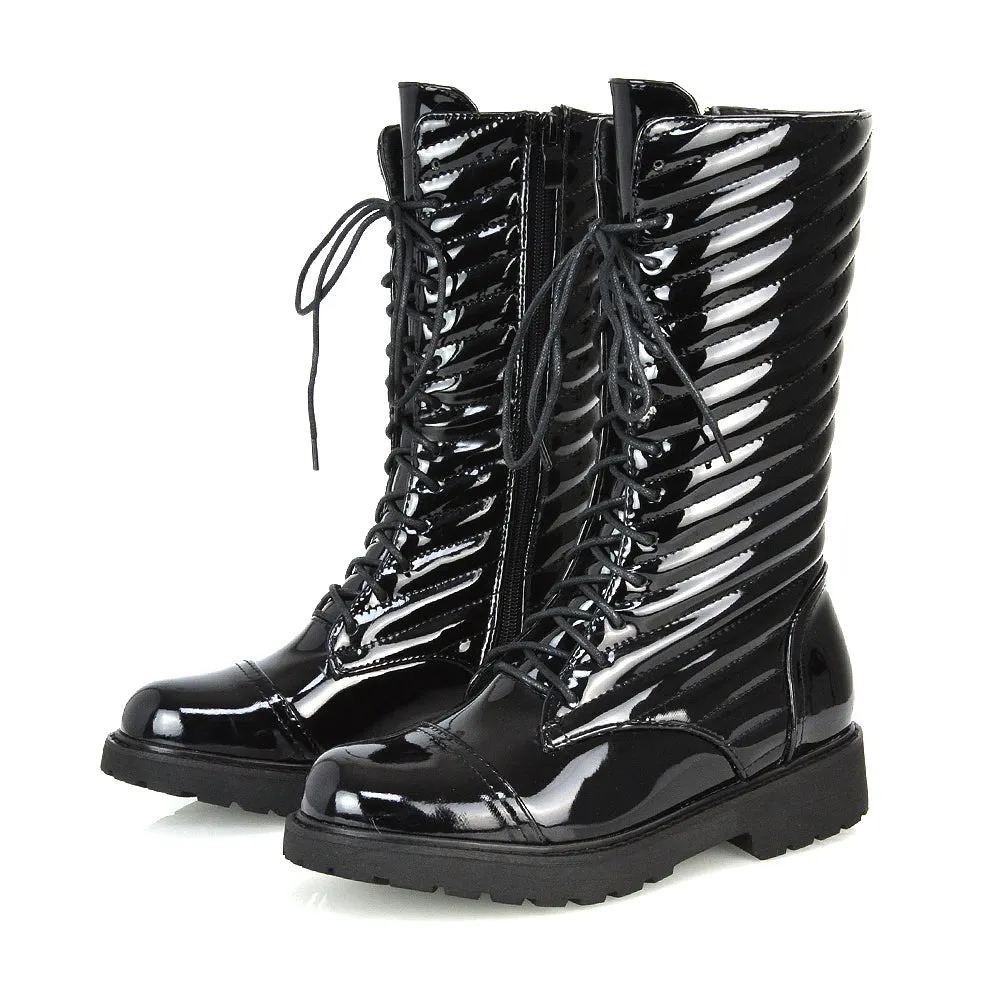 Meadow Padded Detail Zip-up Flat Biker Lace up Ankle Combat Boots in Black Patent