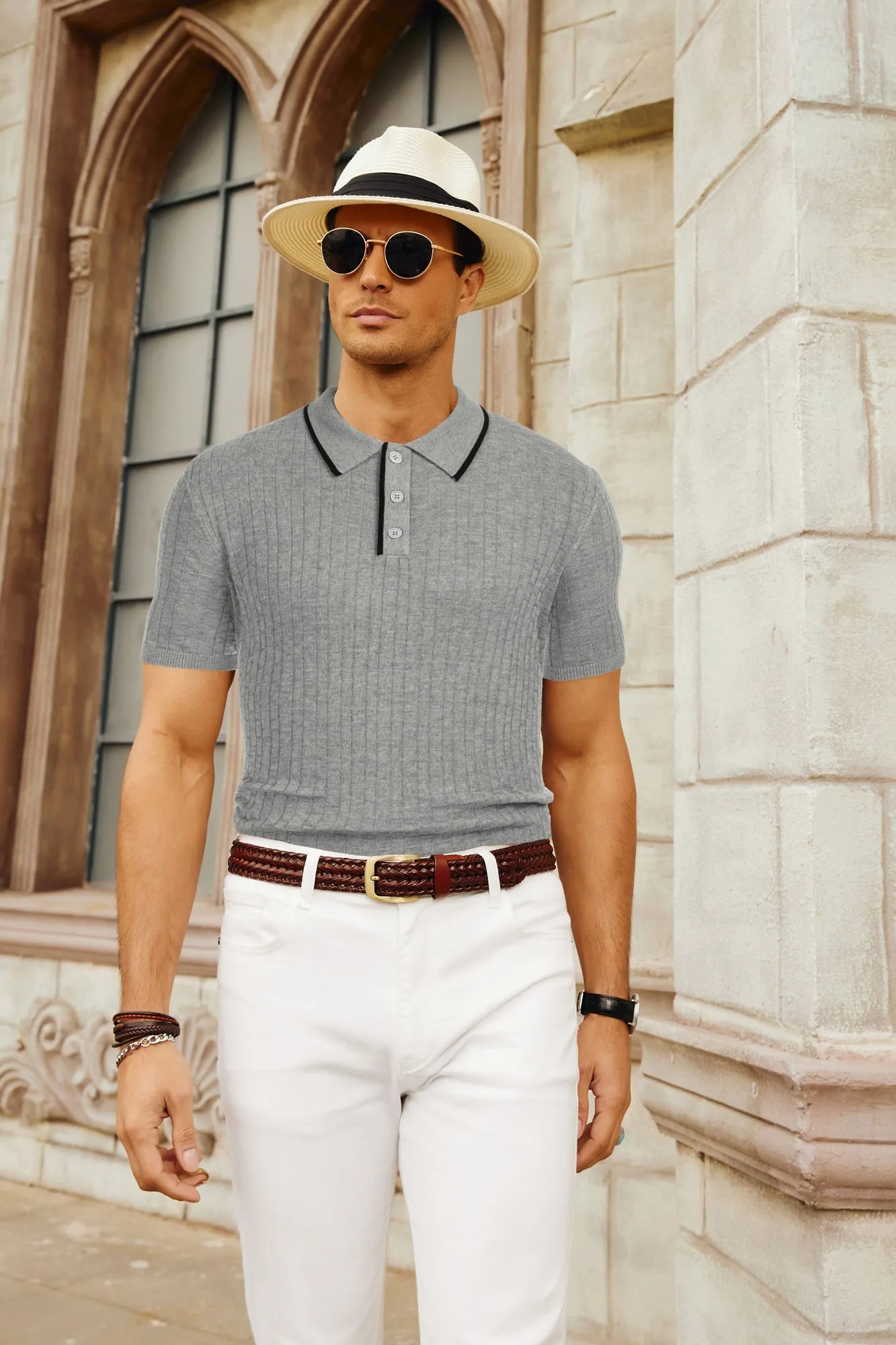 Mens Knitted Polo Shirts Short Sleeve Texture Golf Polo Pullover Shirts Casual Breathable Polo Shirts