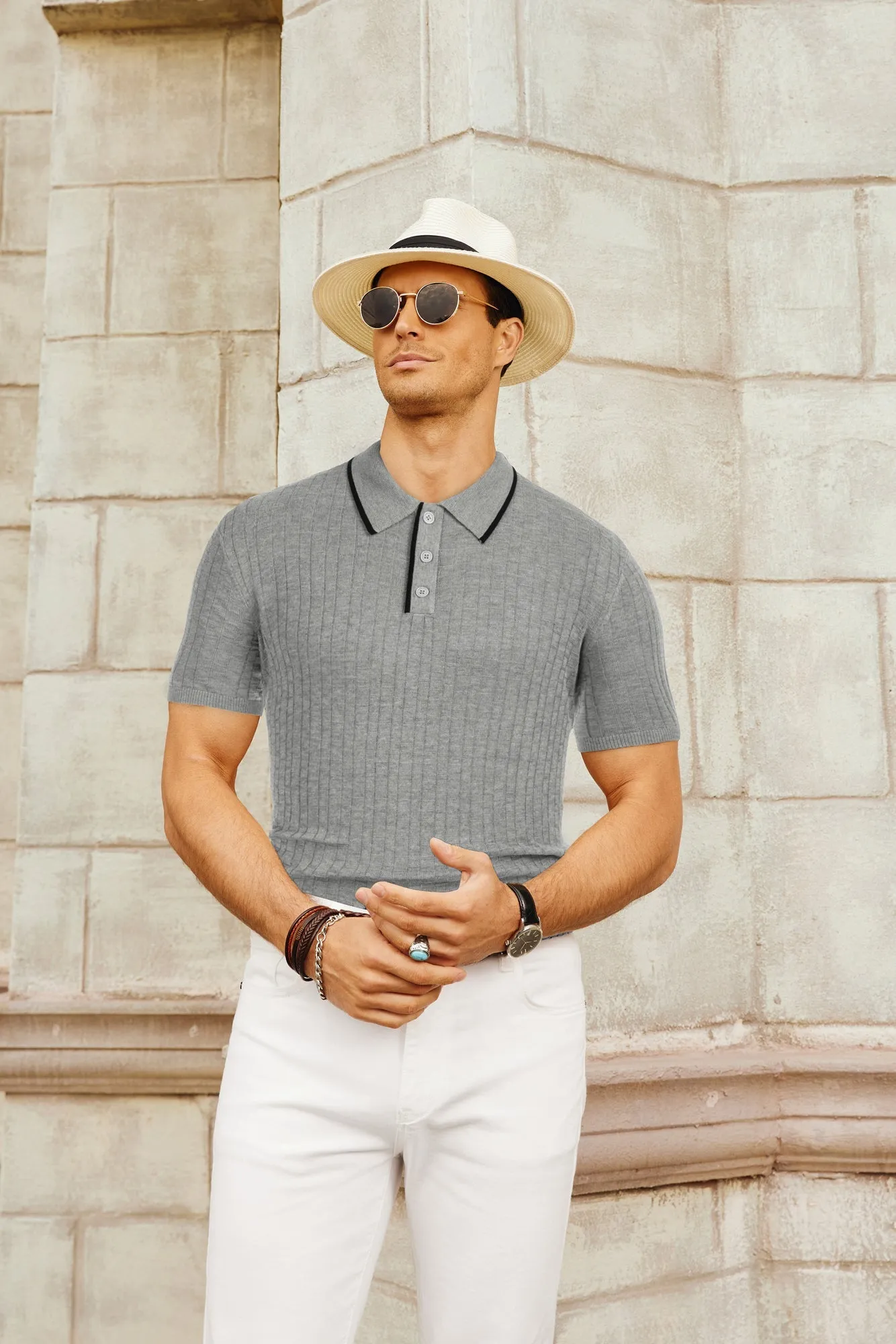 Mens Knitted Polo Shirts Short Sleeve Texture Golf Polo Pullover Shirts Casual Breathable Polo Shirts