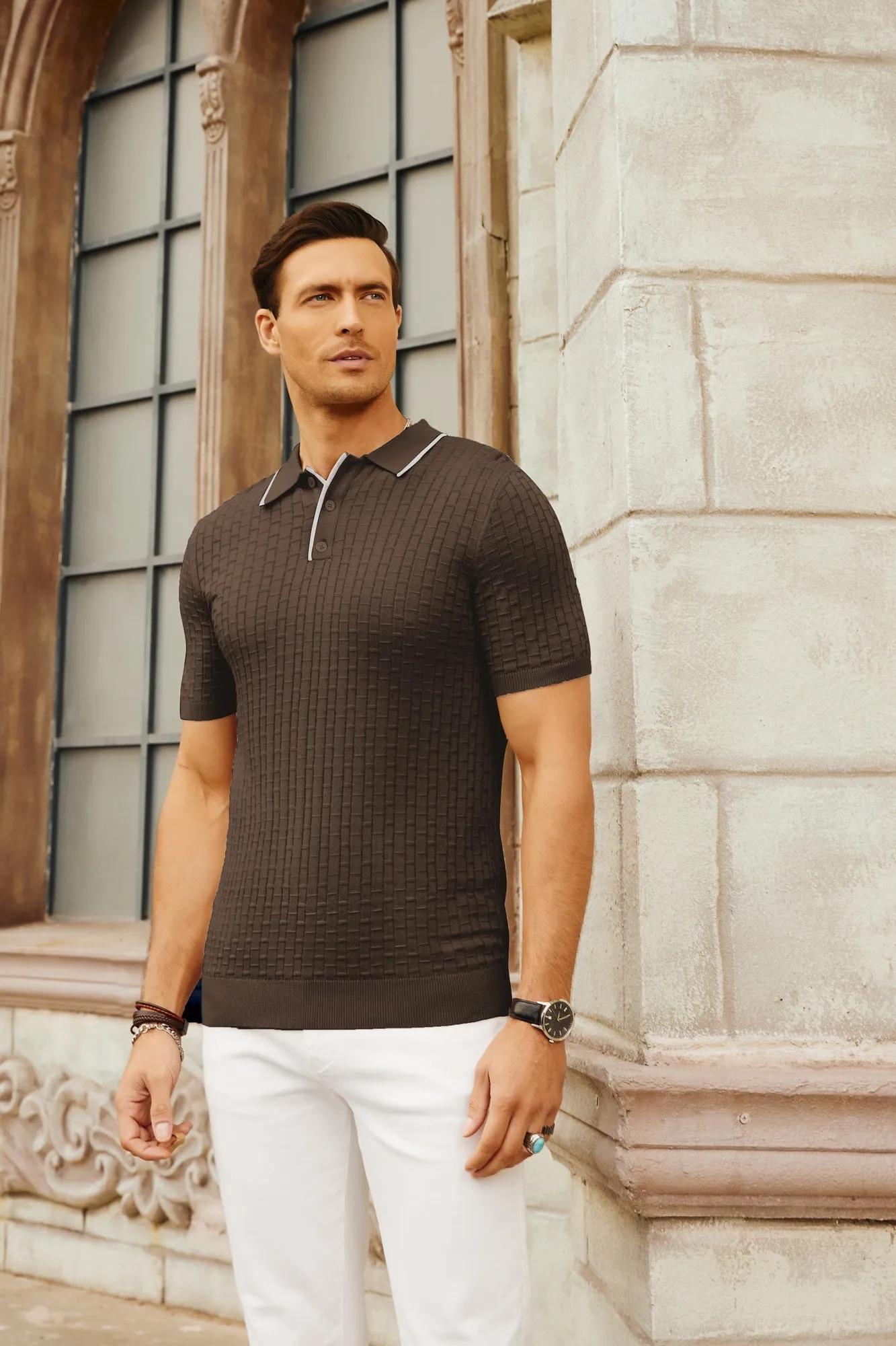 Mens Knitted Polo Shirts Short Sleeve Texture Golf Polo Pullover Shirts Casual Breathable Polo Shirts