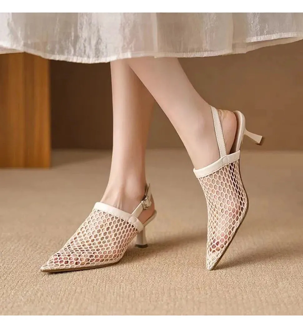 Merendy Sabrin pointed toe kitten heels Mesh White Slingback