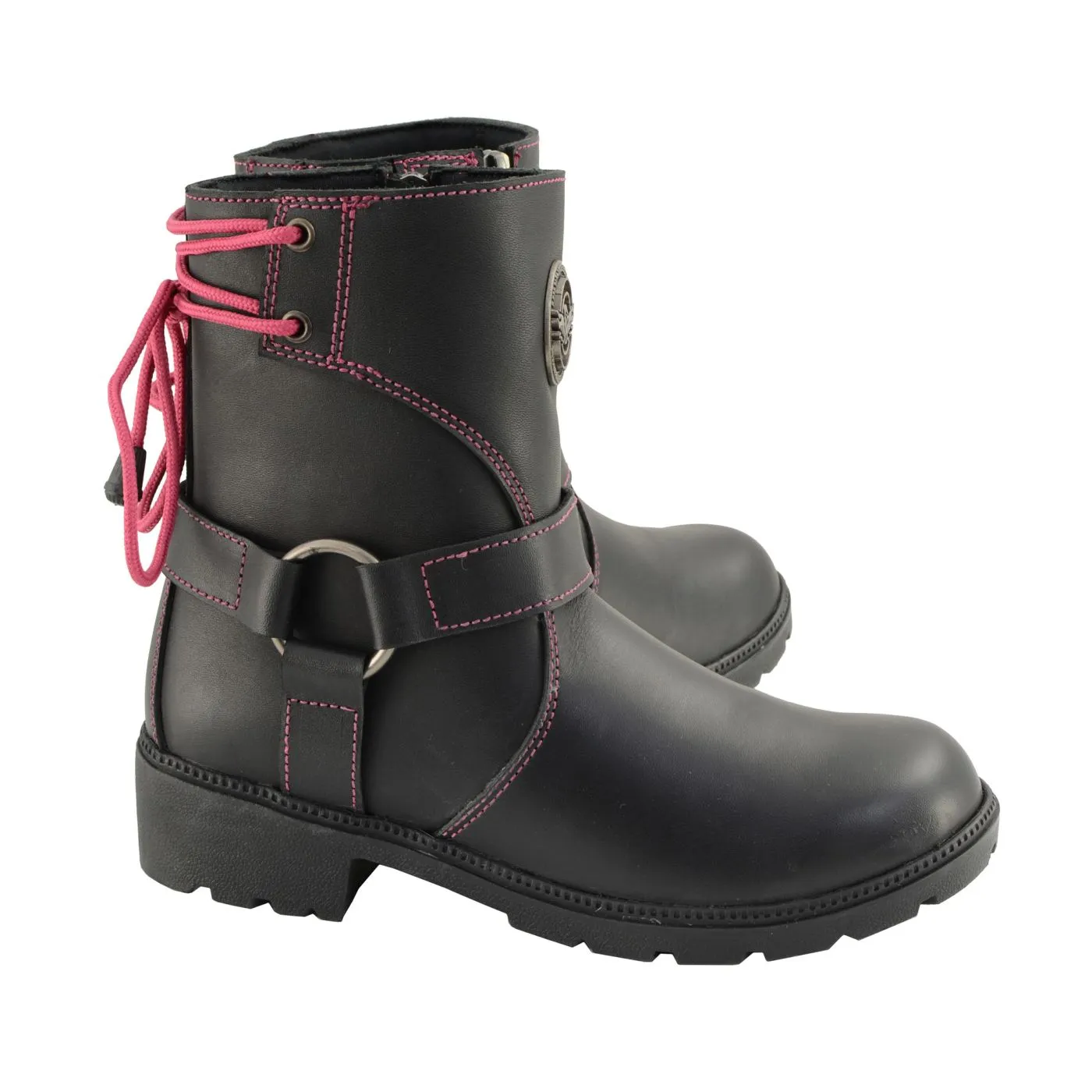 Milwaukee Leather MBL9318 Women's Black Leather Harness Zip-Up Motorcycle Rider Boots w/ Pink Back Laces