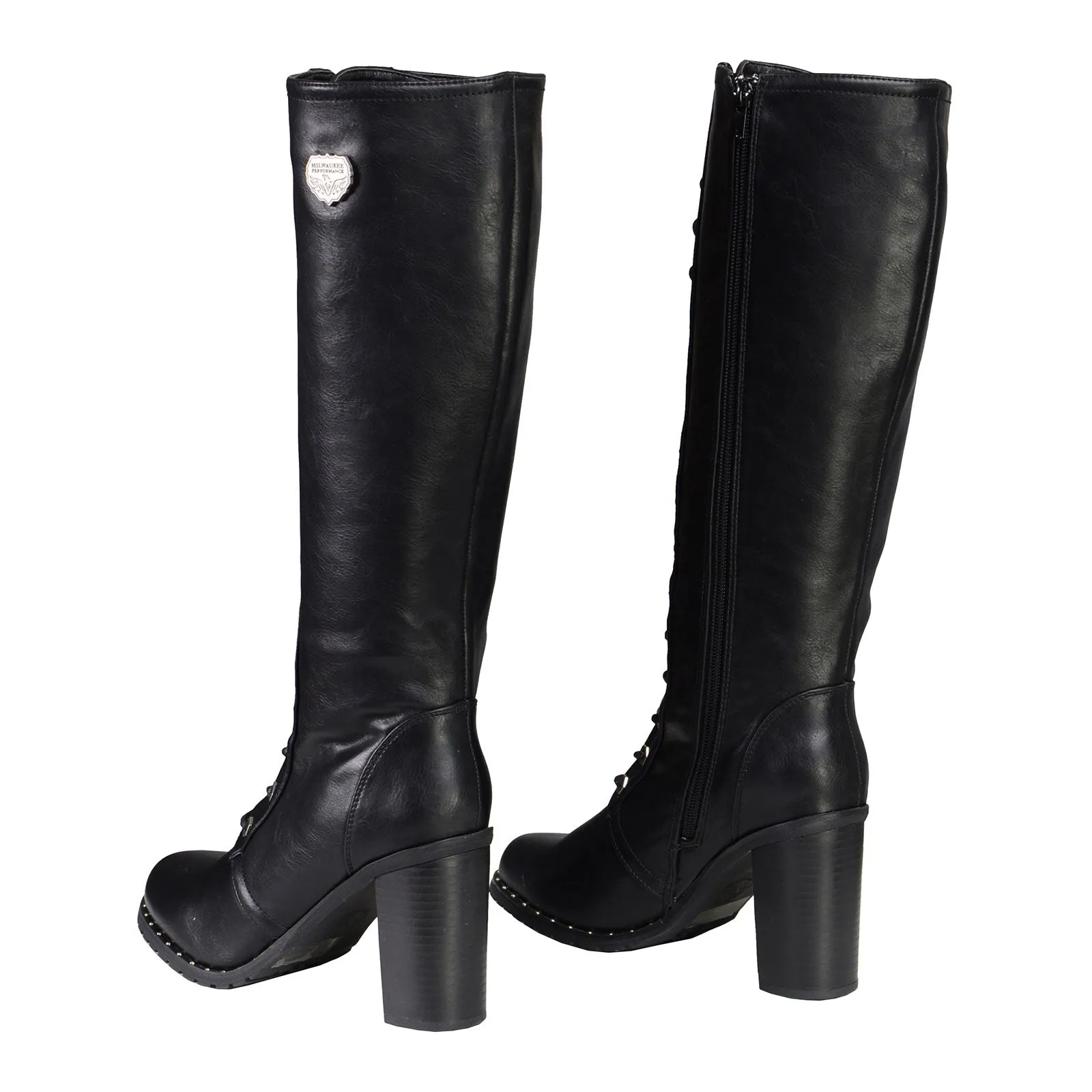 Milwaukee Leather X9442 Women's Black Lace-Up Tall Fashion Biker Boots with High Heel & Studs