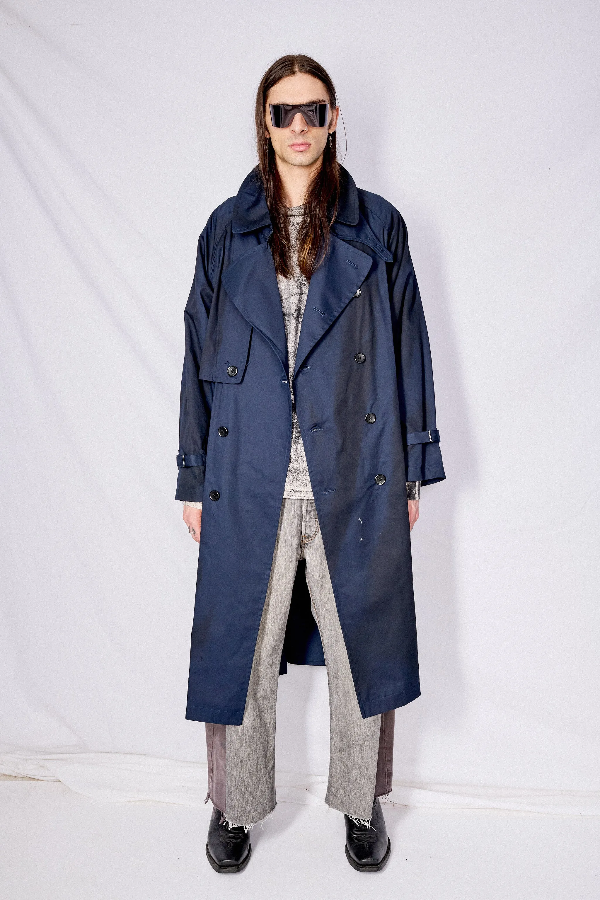 Navy Spray Printed Trench Coat