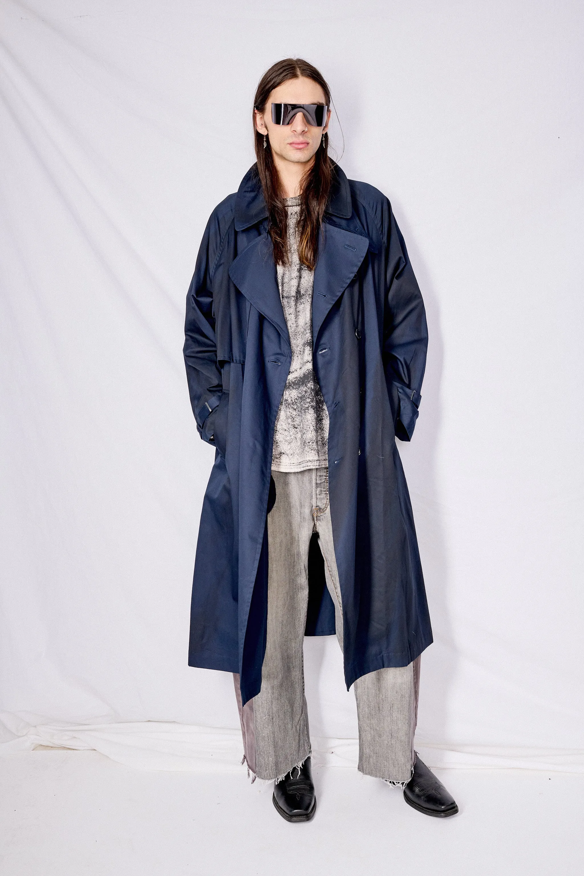 Navy Spray Printed Trench Coat